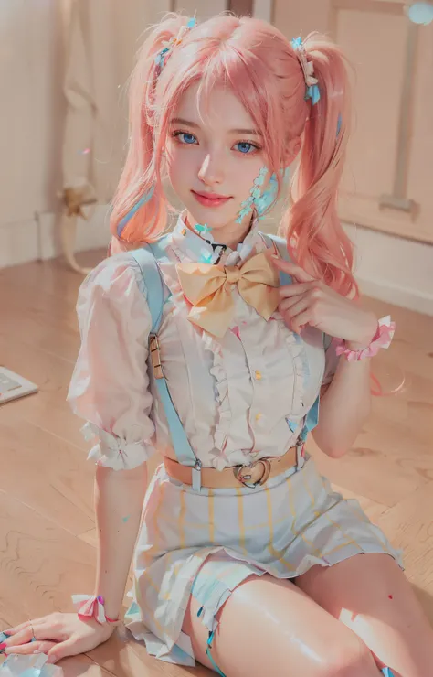 ,1girl, twintails, multicolored hair, hair over one eye, x hair ornament, hair ornament, blue eyes, blue hair, smile, bow, pink hair, blonde hair, solo, looking at viewer, yellow bow, indoors, heart, makeup, skirt, selfie, phone, dress, teeth, hairclip, monitor, reaching towards viewer, long hair, bangs, short sleeves, pink nails, bowtie, suspenders, yellow bowtie, hair tie, open mouth, computer, stuffed toy, sitting, shirt, livestream, belt, quad tails, pill, v,sparkle,violet lighting,,the most beautiful form of chaos, elegant, a brutalist designed, vivid colours, romanticism, atmospheric, (RAW photo, best quality), (realistic, photo-realistic:1.3), masterpiece, an extremely delicate and beautiful, extremely detailed,, (floating colorful {wind|water magic|ink|crystals|fire|ice|flame|lightning|web|rocks|sand|particles|sparkles|blood}:1),
