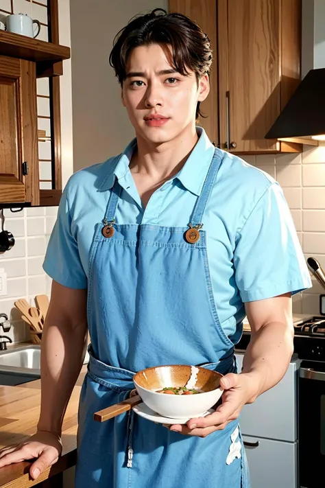 <lora:mbj:0.7:FACE>
Character The cook, his figure is lean and relaxed, his eyes are determined and passionate, reflecting his zest for home cooking.
Expression His eyes are intense and dedicated, reflecting his devotion to the culinary task, and his lips are pursed in focus as he plates his dish.
Outfit He is dressed in a casual button-up shirt and denim jeans. He wears a colorful apron and a matching bandana tied around his forehead.
Action He is seen garnishing a dish on a plate, his stance confident, his body delicately placing the final touch on his creation.
Foreground The foreground highlights a home kitchen scenario, a beautifully presented dish on a plate, and a set of cooking utensils resting on the counter.
Background The backdrop is a cozy home kitchen, a chalkboard with scribbled recipes, a window with sunbeams filtering in, and a collection of cookware hung above the stove.