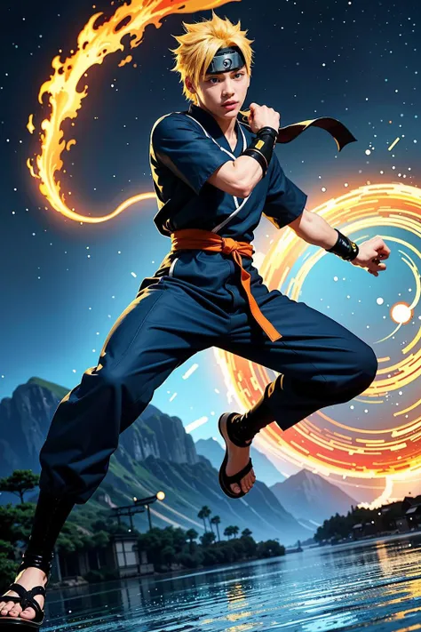 <lora:mbj:0.7:FACE>
Character Naruto Uzumaki, his figure is youthful and energetic, his eyes are bright and determined, reflecting his dream of becoming the Hokage.
Expression His eyes are sparkling with resolve and ambition, reflecting his tenacity, and his lips are set in a confident, daring grin.
Outfit He is dressed in his iconic orange and black jumpsuit, a black band with the leaf village symbol worn around his forehead, and a pair of blue ninja sandals. His outfit showcases his identity as a Konoha ninja.
Action He is seen striking a dynamic pose, ready to launch into a Rasengan, his posture fiery, his body echoing his unstoppable drive.
Foreground The foreground showcases Naruto with his right hand forming a Rasengan, a ball of swirling blue chakra, symbolizing his mastery of this technique.
Background The backdrop is the bustling village of Konoha, its recognizable Hokage rock formation, rooftops of the village, and a clear, blue sky.