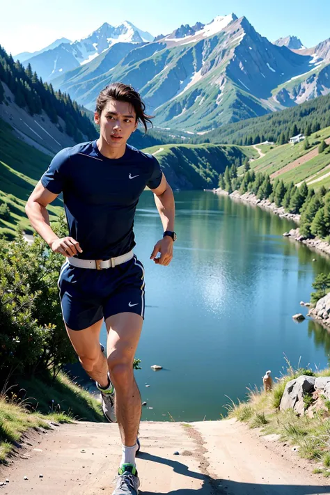 <lora:mbj:0.7:FACE>
Character	The man, his figure is fit and athletic, his eyes are focused and determined, reflecting his dedication to fitness.
Expression	His eyes are intense and forward-looking, reflecting his concentration, and his lips are set in a firm line of determination.
Outfit	He is dressed in running gear, a moisture-wicking shirt, running shorts, and sports shoes. He wears a sweatband on his forehead, and his hair is tousled from the run.
Action	He is seen jogging up a mountain trail, his stance balanced, his body moving rhythmically with each stride.
Foreground	The foreground shows the rocky mountain trail, the man's sneakers kicking up dust, and his water bottle secured in a belt pouch.
Background	The backdrop is a picturesque mountain trail, the rising sun casting long shadows, birds in flight against the pastel sky, and a breathtaking view of the valley below.