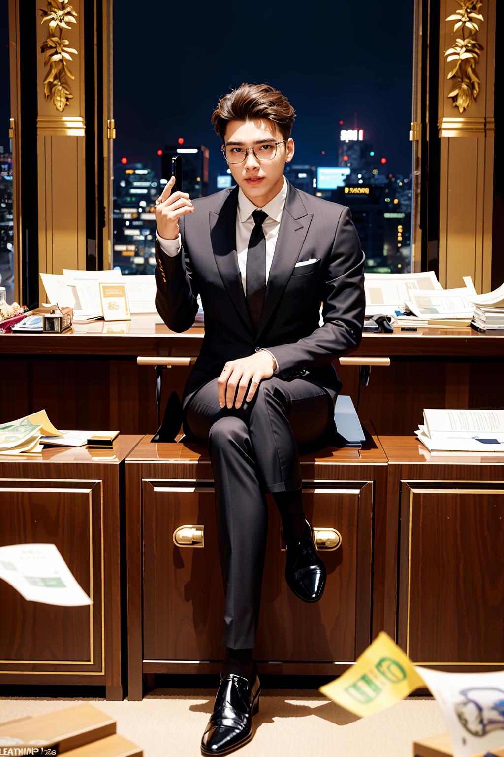 Arafed man in a suit sitting on a desk in front of a window - SeaArt AI