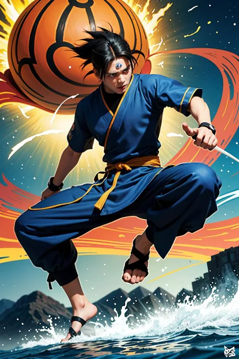 <lora:mbj:0.7:FACE>
Character	Naruto Uzumaki, his figure is youthful and energetic, his eyes are bright and determined, reflecting his dream of becoming the Hokage.
Expression	His eyes are sparkling with resolve and ambition, reflecting his tenacity, and his lips are set in a confident, daring grin.
Outfit	He is dressed in his iconic orange and black jumpsuit, a black band with the leaf village symbol worn around his forehead, and a pair of blue ninja sandals. His outfit showcases his identity as a Konoha ninja.
Action	He is seen striking a dynamic pose, ready to launch into a Rasengan, his posture fiery, his body echoing his unstoppable drive.
Foreground	The foreground showcases Naruto with his right hand forming a Rasengan, a ball of swirling blue chakra, symbolizing his mastery of this technique.
Background	The backdrop is the bustling village of Konoha, its recognizable Hokage rock formation, rooftops of the village, and a clear, blue sky.