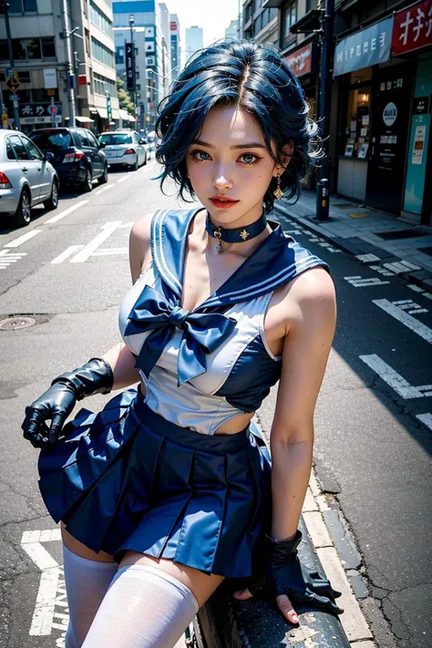 <lora:GirlfriendMix_v1_v1.0:1>1girl,happy,smirk,Tokyo street,cityscape,city lights,dynamic angle,(full body:0.7),close-up,8k,RAW photo,best quality,masterpiece,realistic,photo-realistic,large breasts,gloves,lips,solo,(sailor mercury:1.2),blue eyes,smuniform,mer1,tiara,sailor senshi uniform,masterpiece,absurdres,sexy,floating short blue hair,blue sailor collar,bow,choker,white gloves,blue choker,elbow gloves,jewelry,earrings,blue skirt,sole,full body,blue hair,octane rendering,dynamic angle,Ami Mishino,Exquisite face,Modern Building,Lights,busy street,(light theme:1.4),upper body,