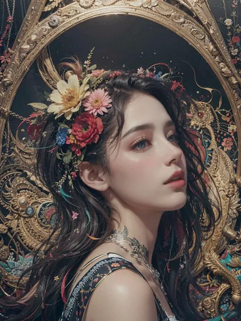 official art, unity 8k wallpaper, ultra detailed, beautiful and aesthetic, beautiful, masterpiece, best quality, (zentangle, mandala, tangle, entangle), (ecstasy of flower:1.2), dynamic angle, cowboyshot, the most beautiful form of chaos, elegant, a brutalist designed, vivid colours, romanticism, atmospheric
