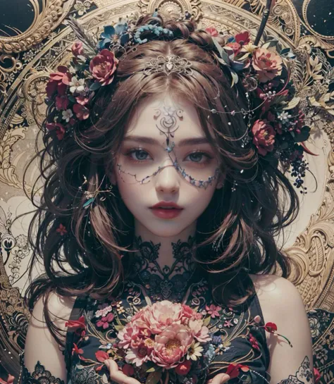 official art, unity 8k wallpaper, ultra detailed, beautiful and aesthetic, beautiful, masterpiece, best quality, (zentangle, mandala, tangle, entangle), (ecstasy of flower:1.2), dynamic angle, cowboyshot, the most beautiful form of chaos, elegant, a brutalist designed, vivid colours, romanticism, atmospheric