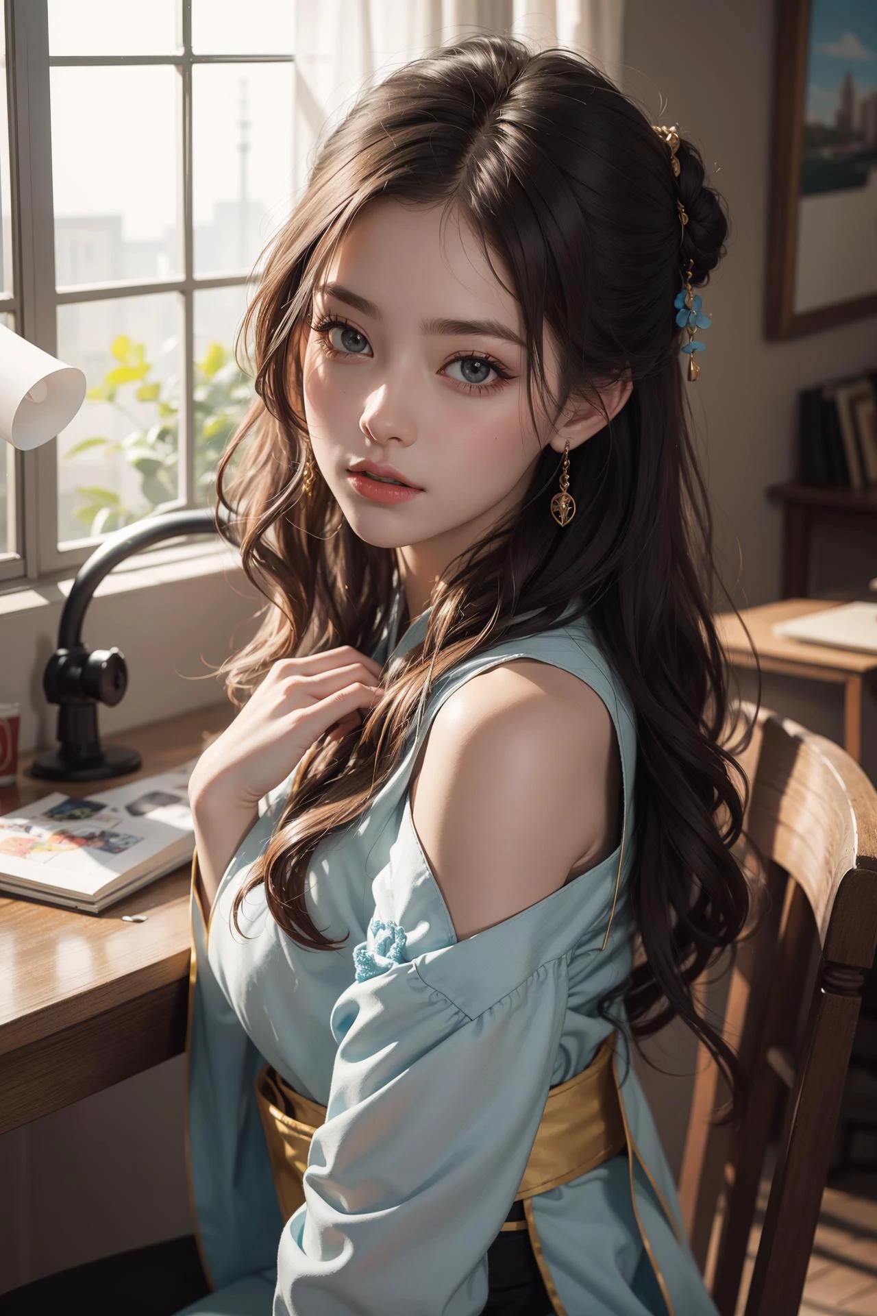 1girl, waist up, hanfu fashion, concept art, extreme close-up shot of a Geeky Man, wearing Vibrant Coif, Yoga pose, Vibrant hair styled as Shoulder-length, Rough sketch, stonepunk, Moonlight, Fish-eye Lens, sunbeam, Concept artist, (art by Jean Arp:1.2), official art, unity 8k wallpaper, ultra detailed, aesthetic, masterpiece, best quality, photorealistic