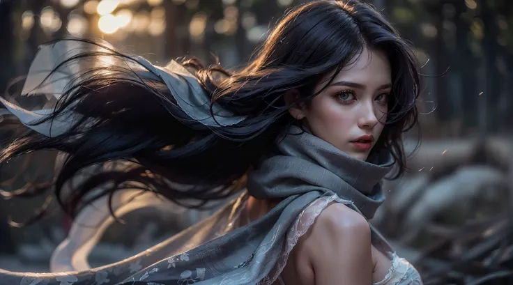 (harem:1.3),solo,(wavy hair:1.2),(Intense Gaze:1.3),Early morning forest, (back lighting:1.4),(sunrise:1.2),(spring:1.4),(Grey silk tulle Scarves fluttering in the wind:1.4),lace
, Best quality, masterpiece, ultra high res,(photorealistic:1.4),intricate details,outdoors,dramatic lighting,sharp focus,depth of field,blurry background, atmosphere,fog,