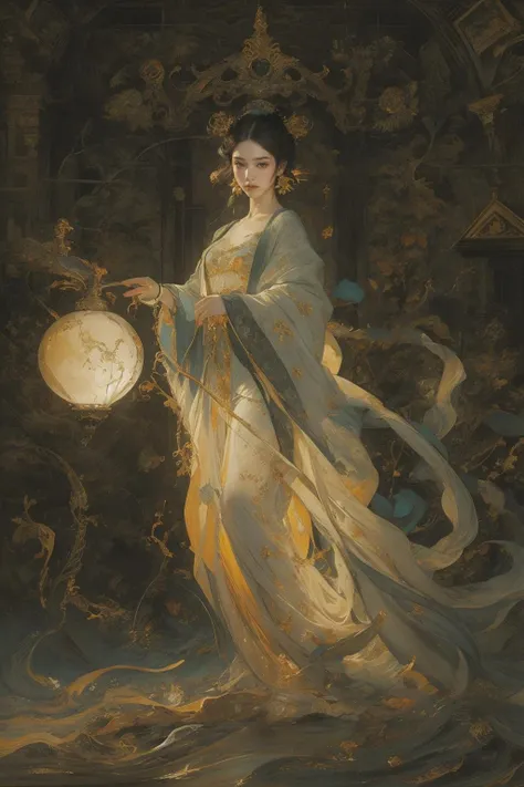 (Glowing ambiance, enchanting radiance, luminous lighting, ethereal atmosphere, mesmerizing glow, evocative hues, captivating coloration, dramatic lighting, enchanting aura),((nude:1)),(boobs naked:0.55), ink painting, (masterpiece, top quality, best quality, official art, beautiful and aesthetic:1.2), (1girl:1.4), extreme detailed,(joshua middleton comic cover art:1.1), (Action painting:1.2),(concretism:1.2),theater dance scene,(hypermaximalistic:1.5),colorful,highest detailed,<lora:anxiang:0.55>,