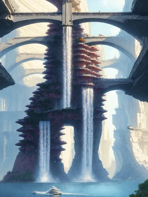 stacked architecture city in river canyon with city with many arches and bridges and flowering terraces, colorful autumn vegetation, sci-fi futuristic architecture, waterfalls, many boats and ships, a matte painting by james gurney, trending on cgsociety, oversaturated, ultra sharp, hyper realistic