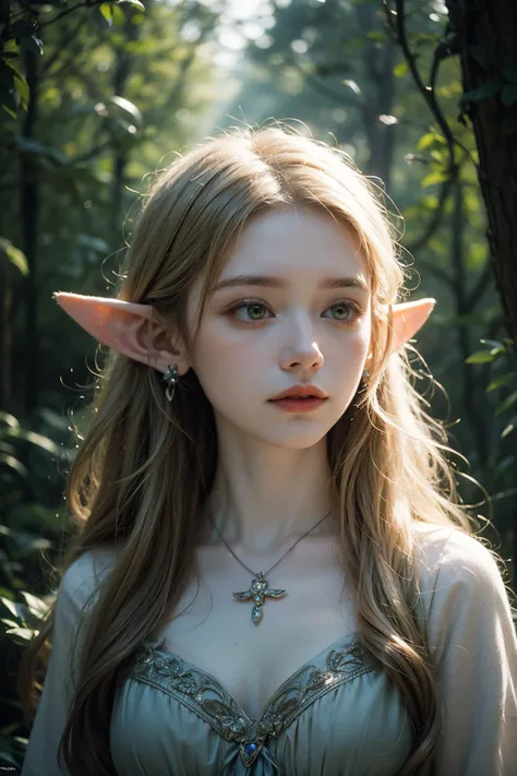 elf portrait,enchanting beauty,fantasy,ethereal glow,pointed ears,delicate facial features,long elegant hair,nature-themed attire,mystical ambiance,soft lighting,tranquil expression,harmonious with nature,subtle magical elements,serene,intricate jewelry,dreamlike quality,pastel colors,<lora:skin_tone_slider_v1:-2>,