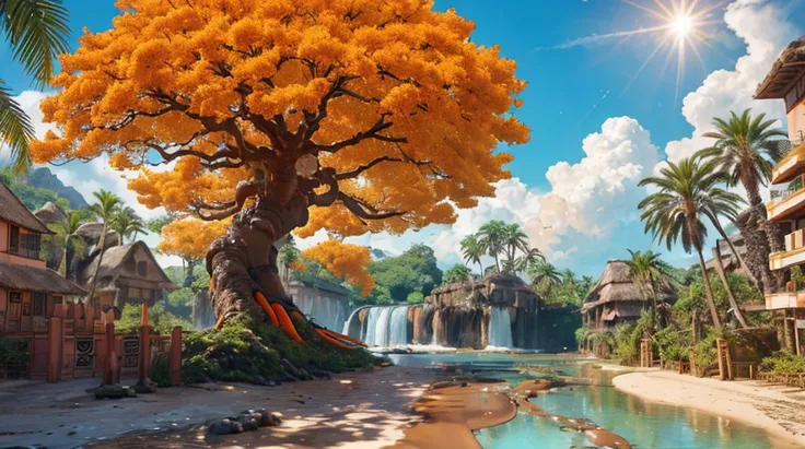hyperrealistic colossal orange raintree, futuristic prehistoric village, super hyper realistic, masterpiece, best quality, high quality, extremely detailed CG, splashing water, sandy debris, lens flares, sunshaft, fluffy clouds, Hyperdetailed, HDR, bloom, Photorealistic, hyperdetailed
