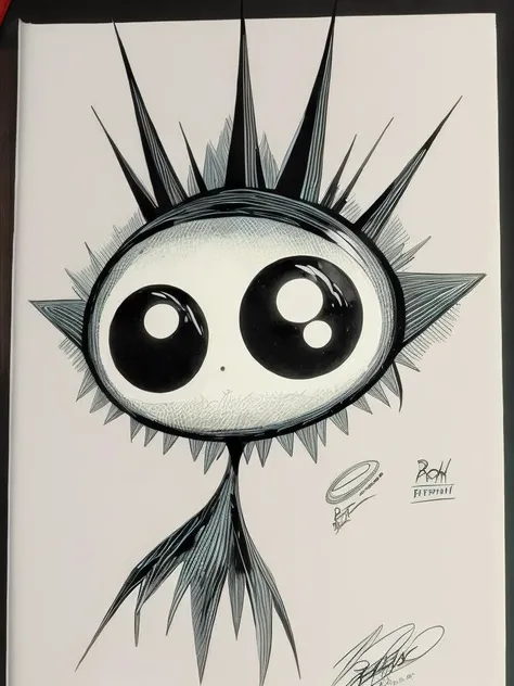 <lora:RalphSteadman:1>a drawing of a strange looking creature with big eyes and spikes on it's head by Ralph Steadman
