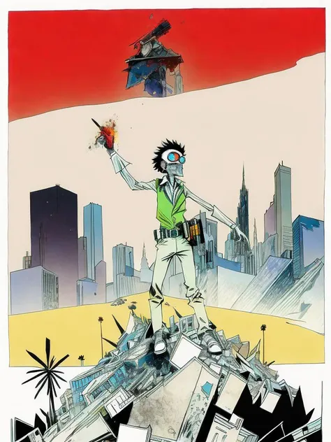 <lora:RalphSteadman:1>a drawing of a zombie standing on top of a pile of rubble with a city in the background by Ralph Steadman
