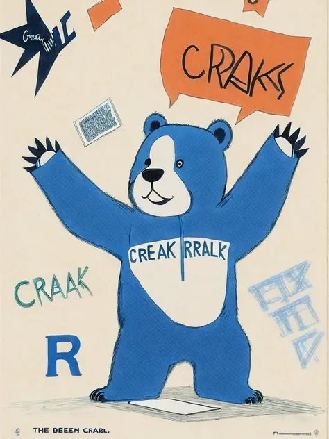 <lora:RalphSteadman:1>a drawing of a bear with his arms in the air and the words crack written on it by Ralph Steadman