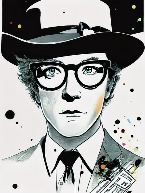 <lora:RalphSteadman:1>a drawing of a man wearing a top hat and glasses with ink splatters all over his face by Ralph Steadman