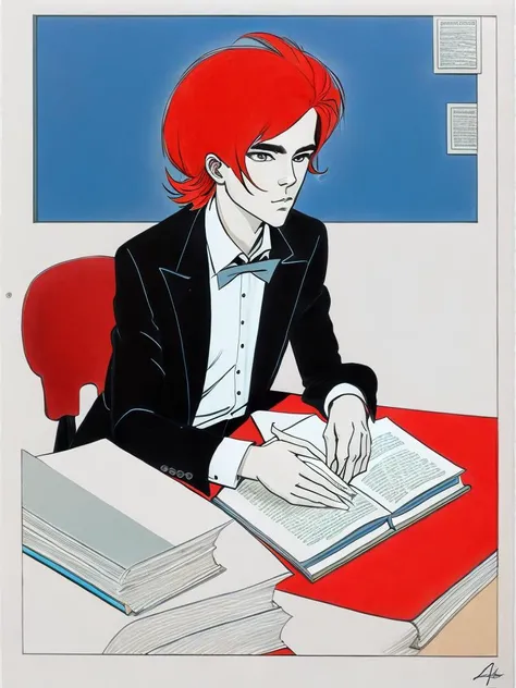 <lora:RalphSteadman:1>a drawing of a man with red hair sitting at a desk with a book in front of him by Ralph Steadman