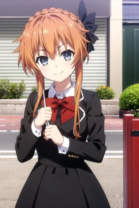 (((pixel-perfect, detail-perfect))), solo, 1girl, <lora:kaguya-dal-01:0.8>, kaguya yamai, black dress, red bowtie, hair bow, looking at viewer, smile