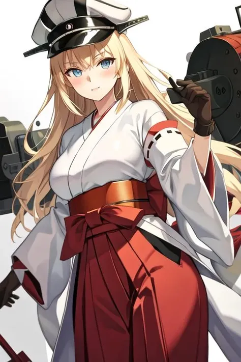 best quality, masterpiece, highres, solo, {white kimono:1.35}, {red hakama:1.35}, {wide sleeves:1.20}, {bismarck_kantaicollection:1.15}, blonde_hair, long_hair, blue_eyes, hat, peaked_cap, breasts, blush, military_hat, military, large_breasts