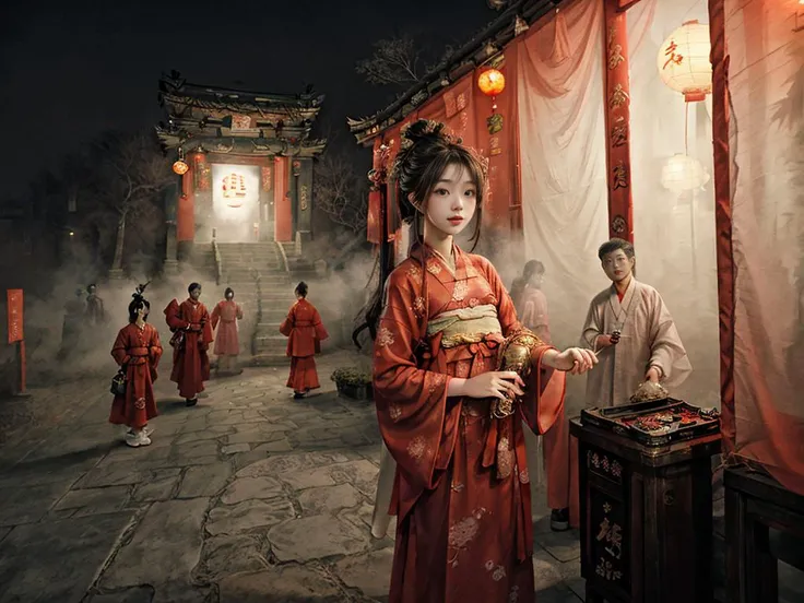 1girl,red clothes,<lora:minghun-000010:0.5>,paper lantern,instrument,robe,east asian architecture,outdoors,hanfu,tang style,<lora:hanfuTang_v35:0.4>,<lora:add_detail:1>,
