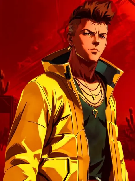 masterpiece, best quality, (((muscular))), jacket, muscular shirt, 1boy, male focus, solo, necklace, upper body, brown hair, brown eyes, Latins, looking at viewer, <lora:David Martinez:0.7>, <lora:R3DD34Dstyle:1>, david \(cyberpunk\), R3DD34Dstyle, red background, desert, cyberpunk, yellow jacket, upper body,