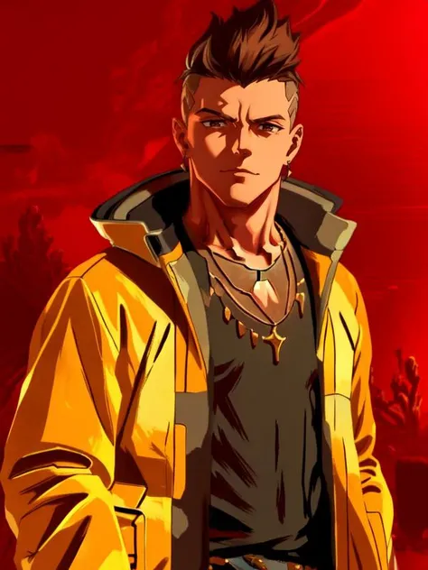 masterpiece, best quality, (((muscular))), jacket, muscular shirt, 1boy, male focus, solo, necklace, upper body, brown hair, brown eyes, Latins, looking at viewer, <lora:David Martinez:0.7>, <lora:R3DD34Dstyle:1>, david \(cyberpunk\), R3DD34Dstyle, red background, desert, cyberpunk, yellow jacket, upper body,