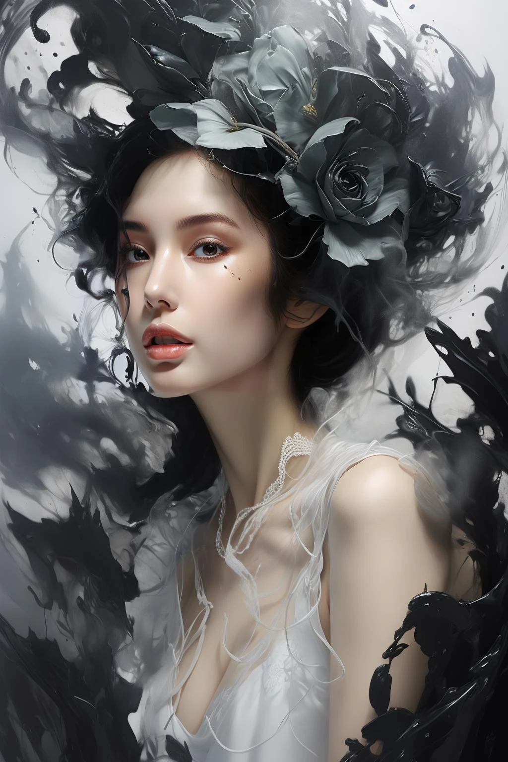 photorealistic,realistic,photography,masterpiece,best quality,ultra-detailed,1girl,full body,increasingly,white dress,over the sea,<lora:xy:0.7>,<lora:æ¯æ¶²:0.7>,flower,black theme,