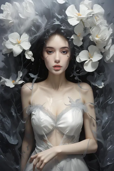photorealistic,realistic,photography,masterpiece,best quality,ultra-detailed,1girl,full body,increasingly,white dress,over the sea,<lora:xy:0.7>,<lora:æ¯æ¶²:0.7>,flower,black theme,