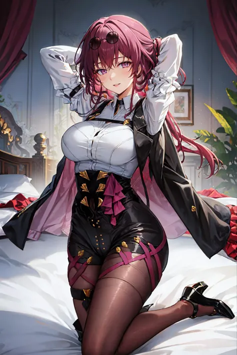 masterpiece, best quality, <lora:kafka-nvwls-v1-final:0.9> kafka, purple eyes, sunglasses on head, black jacket, collared shirt, black shorts, pantyhose, seiza, bed, arms behind head, smile <lora:Rity-Style-000040:1>