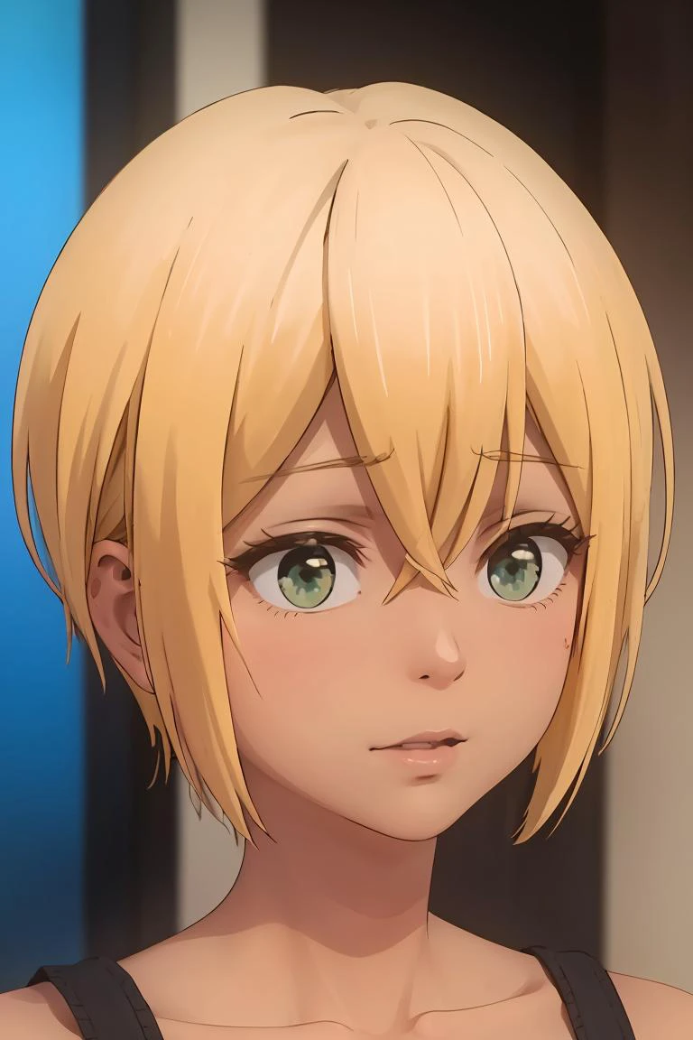 (masterpiece, best quality), 1girl, <lora:kuro_gal_shion:1> shion chihara, 1girl, solo, blonde hair, dark skin, green eyes, short hair, hair between eyes, dark-skinned female