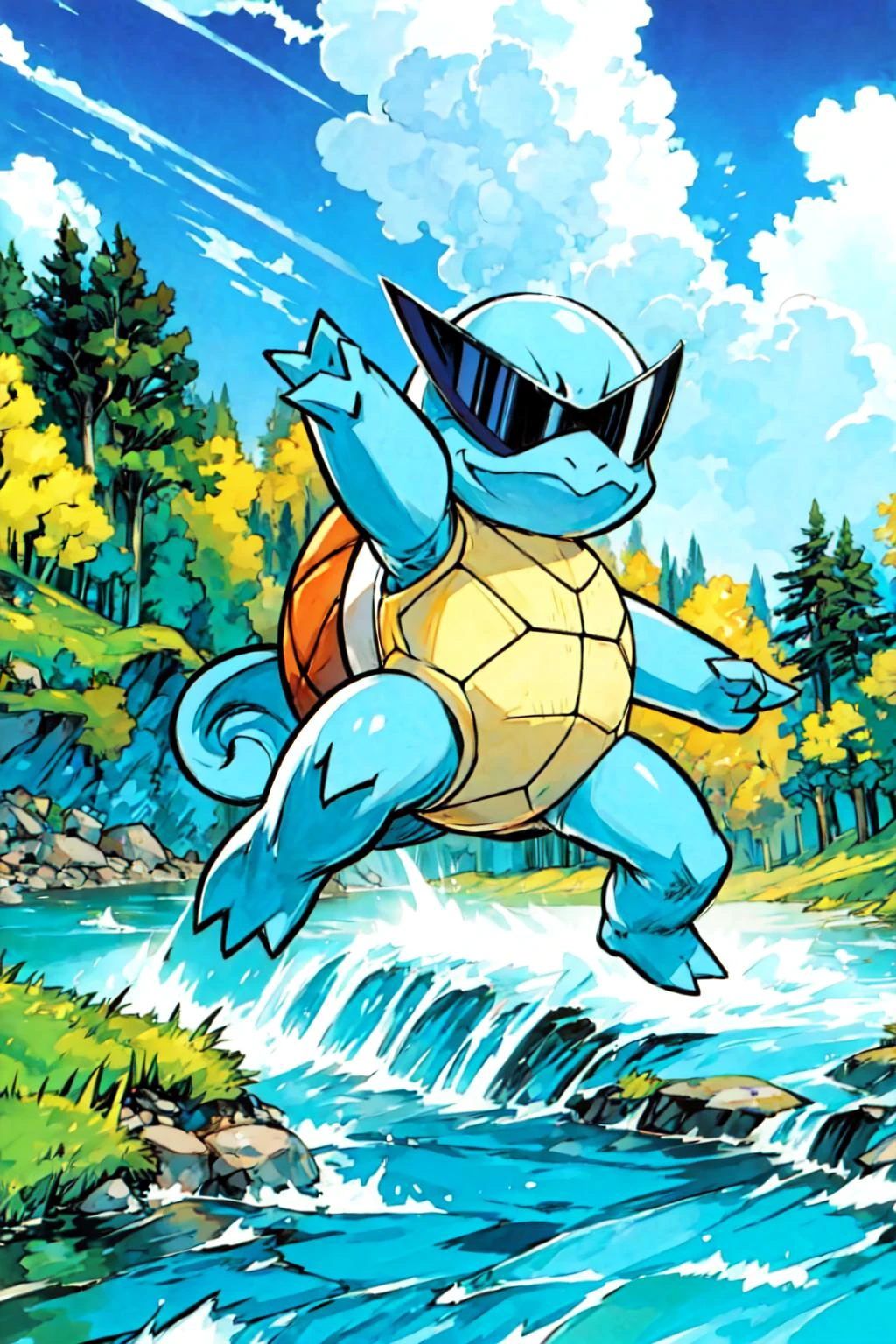 <lora:Squirtle_Pokemon_Combined:0.8> Squirtle_Pokemon, sunglasses, river near a small town, <lora:add_detail:0.7>, <lora:tachi-e:1> white background, full body
