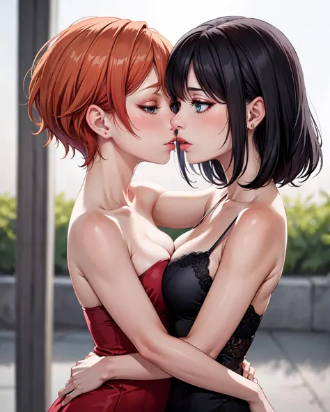 Ultra-realistic 8k CG, masterpiece, best quality, (photorealistic:1.4), absurdres, ((extremely detailed:1.2)), ((life-like:1.2)), ((real hair:1.2)),
((Depth of field:1.2)), ((bokeh:1.2)), ((dynamic pose:1.2)), ((vivid clors:1.2)), ((cell shading:1.2)), 
((2girls, loving embrace, kiss imminent:1.2)), flared dress, off shoulder, hips, midriff, ginger hair, sheer, cleavage,
#Basic enhancement prompts that I rarely change.
#DDIM, adetailer used.
#2x Hires Upscale, 25 steps, 0.3 Denoise Strength.
#4x-AnimeSharp upscaler.