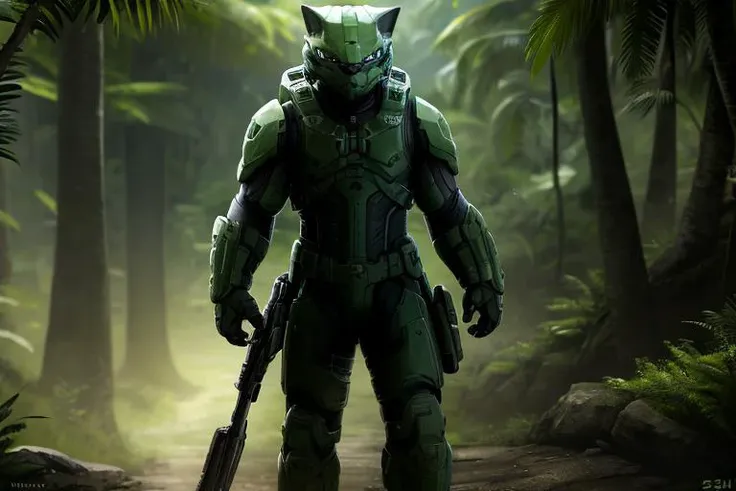 (cat <lora:halo:1>) (master chief:0.8), (cat tail:0.9), best quality, 4k, 8k, ultra highres, raw photo in hdr, sharp focus, (jungle apocalypse background:0.9),