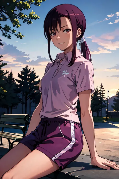 (masterpiece, best quality), outdoors, sunset, upper body, female, solo, JunUeharaManityro, (purple eyes:0.85), (red eyes:0.85), long hair, low ponytail, sidelocks, <lora:JunUehara_V1-Manityro-AdamW:1.0>, toned, looking at viewer, happy, sitting, park, park bench, trees, nature, pink shirt, polo shirt, purple shorts, from side