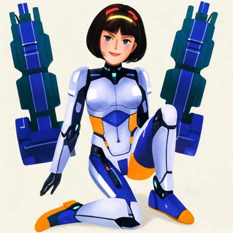 solo, full body, robot 1girl, mecha musume, robot_joints, mechanical parts, short hair, uneven bobcut,  simple background, heads-up display, seductive smile, (armor:0.4)
 <lyco:flat_illustration:0.8> illustration  <lora:android-seams:0.5> android-seams,