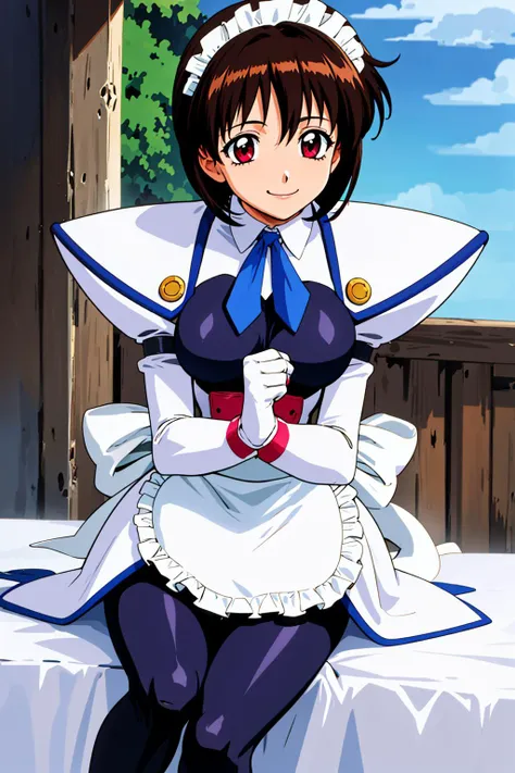 1girl, field,sitting, spread legs,(knees up:1.4), <lora:koutetu_tenshi_saki:0.5>,koutetu_tenshi_saki,battle_costume,apron,gloves,short hair, maid, maid headdress, bangs, breasts, necktie, waist apron, puffy sleeves,red eyes,, white gloves, dress, long sleeves, elbow gloves, 1990s (style), frills, ascot, blue necktie,white apron,medium breasts,black_pantyhose,smile,