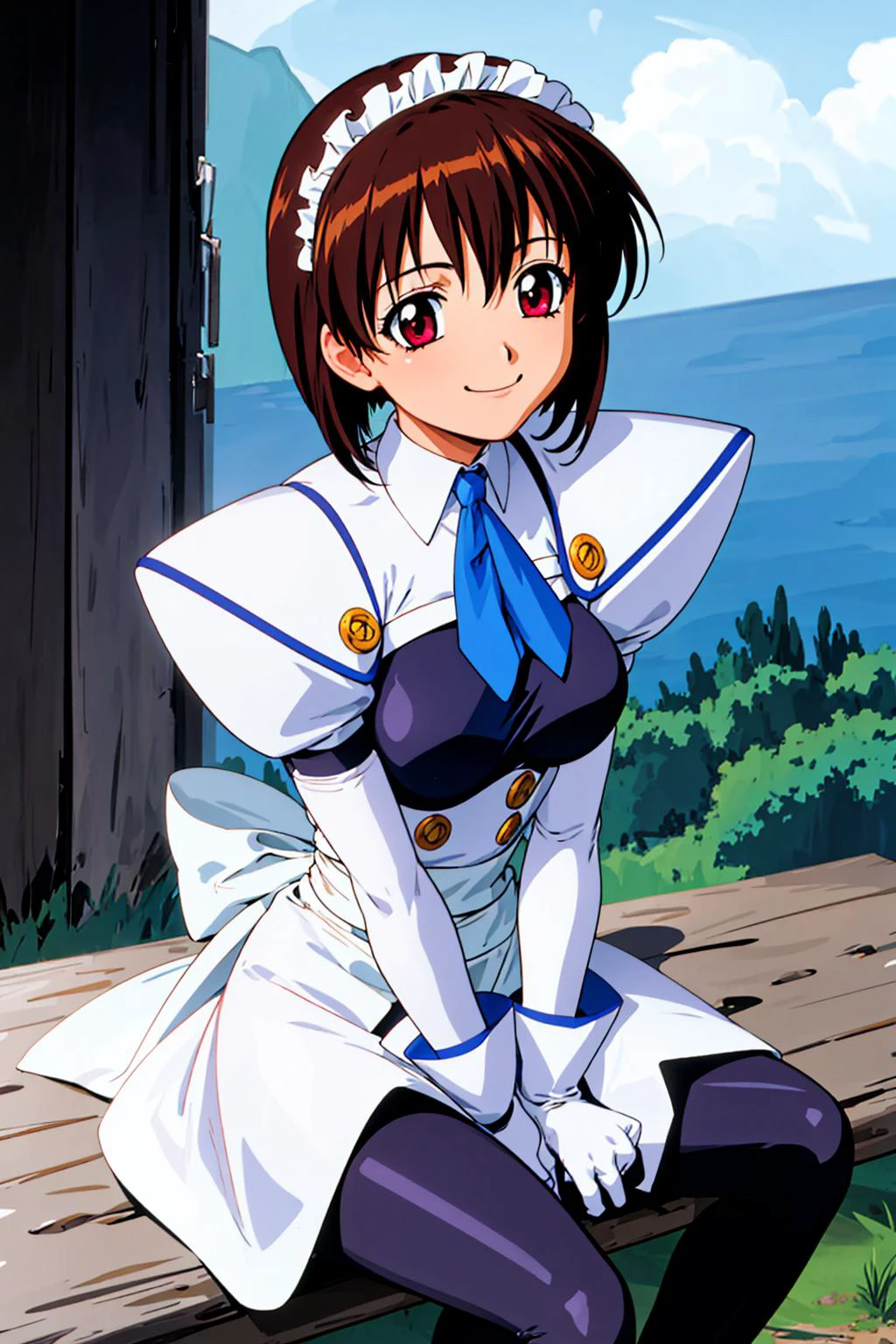 1girl, field,sitting, spread legs,(knees up:1.4), <lora:koutetu_tenshi_saki:0.5>,koutetu_tenshi_saki,battle_costume,apron,gloves,short hair, maid, maid headdress, bangs, breasts, necktie, waist apron, puffy sleeves,red eyes,, white gloves, dress, long sleeves, elbow gloves, 1990s (style), frills, ascot, blue necktie,white apron,medium breasts,black_pantyhose,smile,