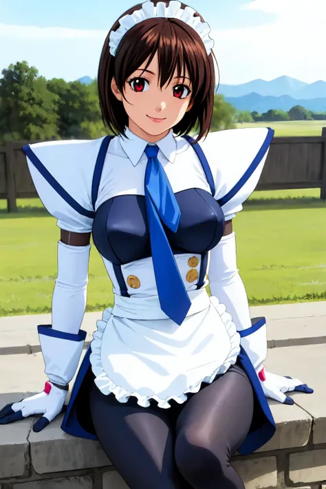 1girl, field,sitting, spread legs,(knees up:1.4), <lora:koutetu_tenshi_saki:0.5>, koutetu_tenshi_saki, ((battle_costume, apron, gloves, short hair, maid, maid headdress, bangs, breasts, necktie, waist apron, puffy sleeves, red eyes, white gloves, dress, long sleeves, elbow gloves, frills, ascot, blue necktie, white apron, medium breasts, black_pantyhose)), smile, (realistic:1.3),