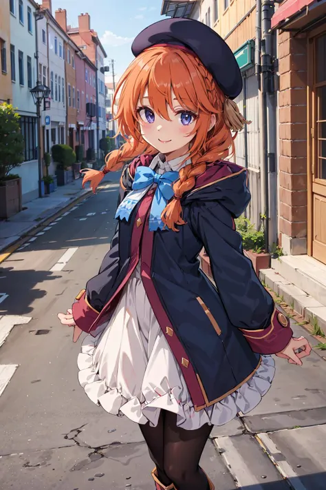 masterpiece,best quality,highres,ultra-detailed,yuni \(princess connect!\),long hair,twin braids,bangs,hair between eyes,beret,hooded coat,st. theresa's girls academy school uniform,frilled dress,black pantyhose,boots,<lora:yuni_(princess connect!):0.7>,outdoors,street,smile,cowboy shot,