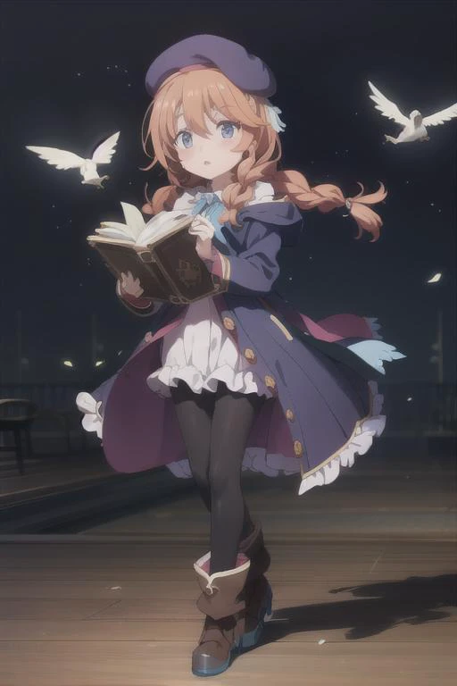 masterpiece,best quality,highres,ultra-detailed,yuni \(princess connect!\),long hair,twin braids,bangs,hair between eyes,beret,hooded coat,st. theresa's girls academy school uniform,frilled dress,black pantyhose,<lora:yuni_(princess connect!):0.7>,
boots, 
(full body:1.3),
walking,
<lora:èèå¯ç±é£_v1.0:1> 
clear face,
photo, 8k, absurdres, perfect lighting, holding book, magic circle, magic spell,, <lora:neg4all_bdsqlsz_V3.5:1>