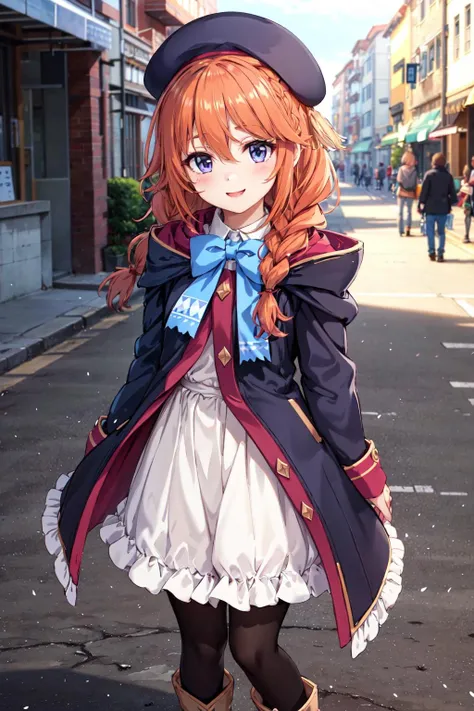 masterpiece,best quality,highres,ultra-detailed,yuni \(princess connect!\),long hair,twin braids,bangs,hair between eyes,beret,hooded coat,st. theresa's girls academy school uniform,frilled dress,black pantyhose,boots,<lora:yuni_(princess connect!):0.7>,outdoors,street,smile,cowboy shot,