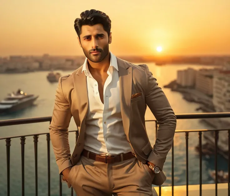 Nautical-themed (Photo:1.3) of (Ultrarealistic:1.3) <lora:Man_Men_FFashion:1> eric bana a man <lora:tusharr-khanna_Eric-Bana:1> in a tan suit standing on a balcony, sun behind him, inspired by Pablo Munoz Gomez, shot at golden hour, editorial photograph, midshot of a hunky, by Roman Bezpalkiv, by Artur Tarnowski, maxim sukharev, by Gabor Szikszai,Highly Detailed,(Mono Color:1.3) . Sea, ocean, ships, maritime, beach, marine life, highly detailed