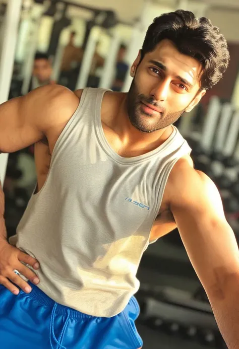 4k, eric bana a man <lora:tusharr-khanna_Eric-Bana:1> in the gym, sweaty, muscular, abs, pecs, slight smile, back to camera, flexing, guys in the background admiring him.