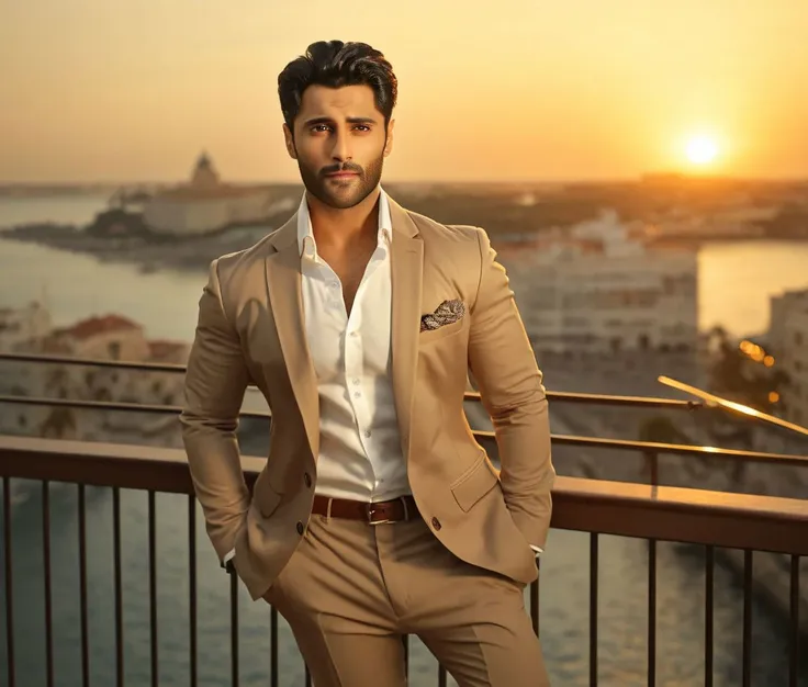 Nautical-themed (Photo:1.3) of (Ultrarealistic:1.3) <lora:Man_Men_FFashion:1> eric bana a man <lora:tusharr-khanna_Eric-Bana:1> in a tan suit standing on a balcony, sun behind him, inspired by Pablo Munoz Gomez, shot at golden hour, editorial photograph, midshot of a hunky, by Roman Bezpalkiv, by Artur Tarnowski, maxim sukharev, by Gabor Szikszai,Highly Detailed,(Mono Color:1.3) . Sea, ocean, ships, maritime, beach, marine life, highly detailed