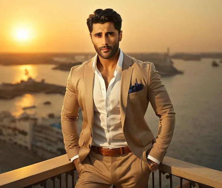 Nautical-themed (Photo:1.3) of (Ultrarealistic:1.3) <lora:Man_Men_FFashion:1> eric bana a man <lora:tusharr-khanna_Eric-Bana:1> in a tan suit standing on a balcony, sun behind him, inspired by Pablo Munoz Gomez, shot at golden hour, editorial photograph, midshot of a hunky, by Roman Bezpalkiv, by Artur Tarnowski, maxim sukharev, by Gabor Szikszai,Highly Detailed,(Mono Color:1.3) . Sea, ocean, ships, maritime, beach, marine life, highly detailed