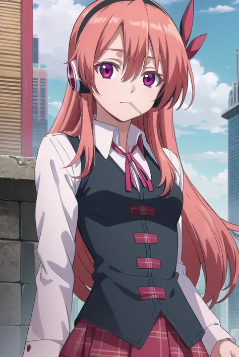 agkchelsea, <lora:agk chelsea s1-lora-nochekaiser:1>,
chelsea, long hair, (pink eyes:1.3), hairband, headphones, candy, lollipop, pink hair, hair between eyes, hair ornament,
BREAK skirt, shirt, ribbon, vest, plaid, neck ribbon, plaid skirt, white shirt, long sleeves, collared shirt, black vest, red skirt,
BREAK outdoors, city, building, sky, sun, clouds, people, crowd,
BREAK looking at viewer, (cowboy shot:1.5),
BREAK <lyco:GoodHands-beta2:1>, (masterpiece:1.2), best quality, high resolution, unity 8k wallpaper, (illustration:0.8), (beautiful detailed eyes:1.6), extremely detailed face, perfect lighting, extremely detailed CG, (perfect hands, perfect anatomy),