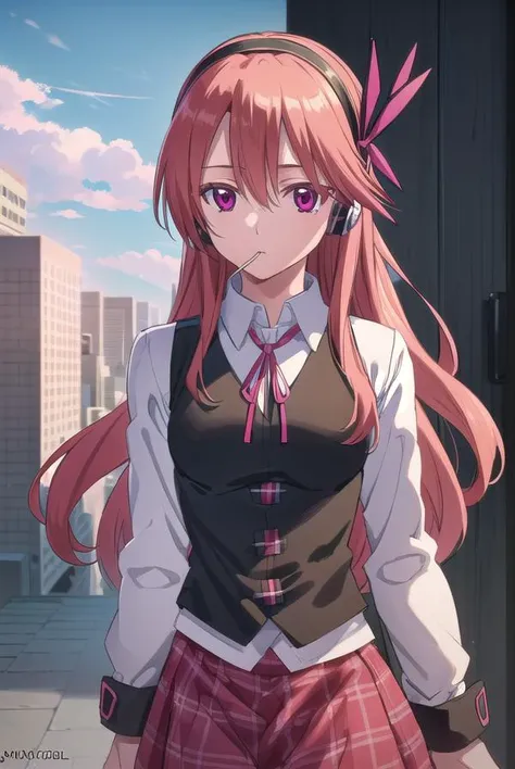 agkchelsea, <lora:agk chelsea s1-lora-nochekaiser:1>,
chelsea, long hair, (pink eyes:1.3), hairband, headphones, candy, lollipop, pink hair, hair between eyes, hair ornament,
BREAK skirt, shirt, ribbon, vest, plaid, neck ribbon, plaid skirt, white shirt, long sleeves, collared shirt, black vest, red skirt,
BREAK outdoors, city, building, sky, sun, clouds, people, crowd,
BREAK looking at viewer, (cowboy shot:1.5),
BREAK <lyco:GoodHands-beta2:1>, (masterpiece:1.2), best quality, high resolution, unity 8k wallpaper, (illustration:0.8), (beautiful detailed eyes:1.6), extremely detailed face, perfect lighting, extremely detailed CG, (perfect hands, perfect anatomy),