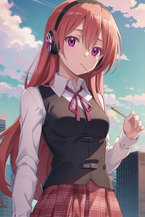 agkchelsea, <lora:agk chelsea s1-lora-nochekaiser:1>,
chelsea, long hair, (pink eyes:1.3), hairband, headphones, candy, lollipop, pink hair, hair between eyes, hair ornament,
BREAK skirt, shirt, ribbon, vest, plaid, neck ribbon, plaid skirt, white shirt, long sleeves, collared shirt, black vest, red skirt,
BREAK outdoors, city, building, sky, sun, clouds, people, crowd,
BREAK looking at viewer, (cowboy shot:1.5),
BREAK <lyco:GoodHands-beta2:1>, (masterpiece:1.2), best quality, high resolution, unity 8k wallpaper, (illustration:0.8), (beautiful detailed eyes:1.6), extremely detailed face, perfect lighting, extremely detailed CG, (perfect hands, perfect anatomy),