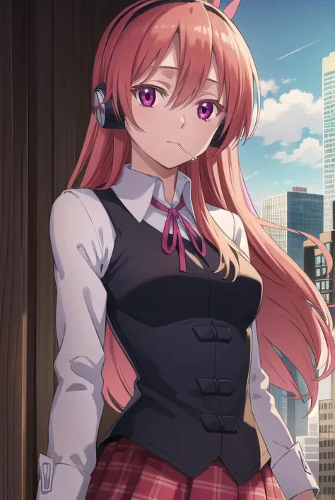 agkchelsea, <lora:agk chelsea s1-lora-nochekaiser:1>,
chelsea, long hair, (pink eyes:1.3), hairband, headphones, candy, lollipop, pink hair, hair between eyes, hair ornament,
BREAK skirt, shirt, ribbon, vest, plaid, neck ribbon, plaid skirt, white shirt, long sleeves, collared shirt, black vest, red skirt,
BREAK outdoors, city, building, sky, sun, clouds, people, crowd,
BREAK looking at viewer, (cowboy shot:1.5),
BREAK <lyco:GoodHands-beta2:1>, (masterpiece:1.2), best quality, high resolution, unity 8k wallpaper, (illustration:0.8), (beautiful detailed eyes:1.6), extremely detailed face, perfect lighting, extremely detailed CG, (perfect hands, perfect anatomy),