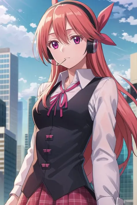 agkchelsea, <lora:agk chelsea s1-lora-nochekaiser:1>,
chelsea, long hair, (pink eyes:1.3), hairband, headphones, candy, lollipop, pink hair, hair between eyes, hair ornament,
BREAK skirt, shirt, ribbon, vest, plaid, neck ribbon, plaid skirt, white shirt, long sleeves, collared shirt, black vest, red skirt,
BREAK outdoors, city, building, sky, sun, clouds, people, crowd,
BREAK looking at viewer, (cowboy shot:1.5),
BREAK <lyco:GoodHands-beta2:1>, (masterpiece:1.2), best quality, high resolution, unity 8k wallpaper, (illustration:0.8), (beautiful detailed eyes:1.6), extremely detailed face, perfect lighting, extremely detailed CG, (perfect hands, perfect anatomy),