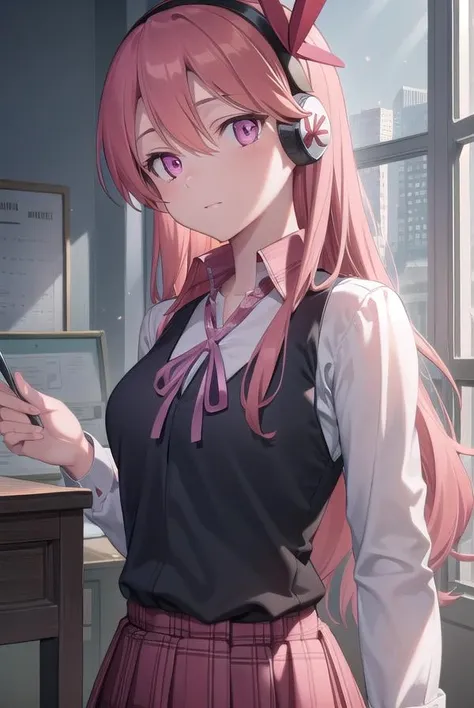 chelsea, <lora:chelsea-lora-nochekaiser:1>,
chelsea, (pink eyes:1.5), hair between eyes, long hair, pink hair, straight hair,
BREAK collared shirt, diagonal stripes, dress shirt, hair ornament, headphones, long sleeves, neck ribbon, plaid, plaid skirt, pleated skirt, red ribbon, red skirt, ribbon, shirt, skirt, striped, vest, white shirt, wing collar,
BREAK looking at viewer, full body,
BREAK indoors, classroom,
BREAK <lyco:GoodHands-beta2:1>, (masterpiece:1.2), best quality, high resolution, unity 8k wallpaper, (illustration:0.8), (beautiful detailed eyes:1.6), extremely detailed face, perfect lighting, extremely detailed CG, (perfect hands, perfect anatomy),